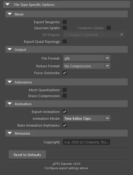 File Type Specific Options panel for glTF2.0 Export in Maya