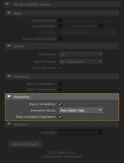 Animation section of the glTF2.0 Export options panel