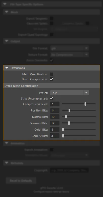 Extensions section of the glTF2.0 Export options panel with Draco Compression expanded