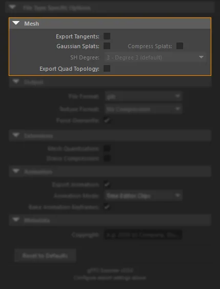 Mesh section of the glTF2.0 Export options panel