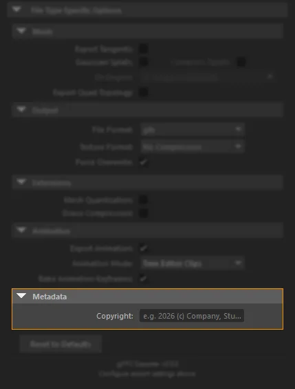 Metadata section of the glTF2.0 Export options panel