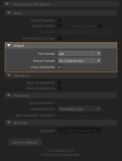 Output section of the glTF2.0 Export options panel