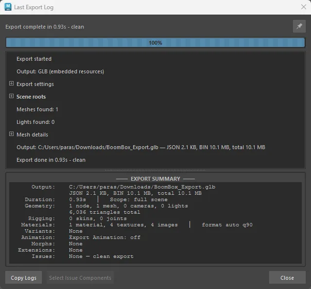 Last Export Log window showing export events and the export summary