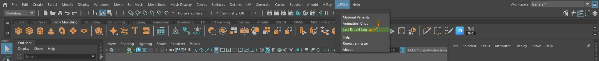 glTF2.0 menu with Last Export Log highlighted