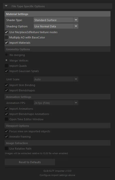 Material settings panel in the Maya glTF import dialog