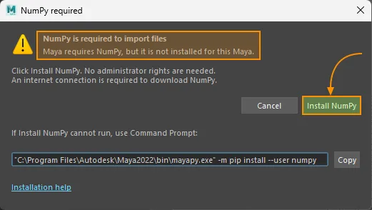 NumPy required window with Install NumPy and a mayapy fallback command