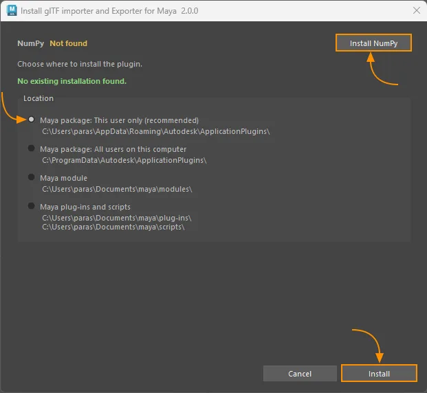 Installer with Install NumPy, the recommended This user only location, and Install