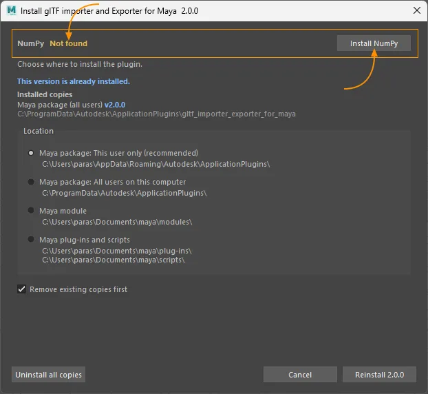 Installer showing NumPy Not found and the Install NumPy button