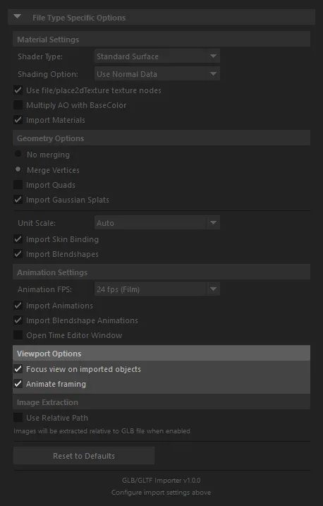 Viewport options panel in the Maya glTF import dialog