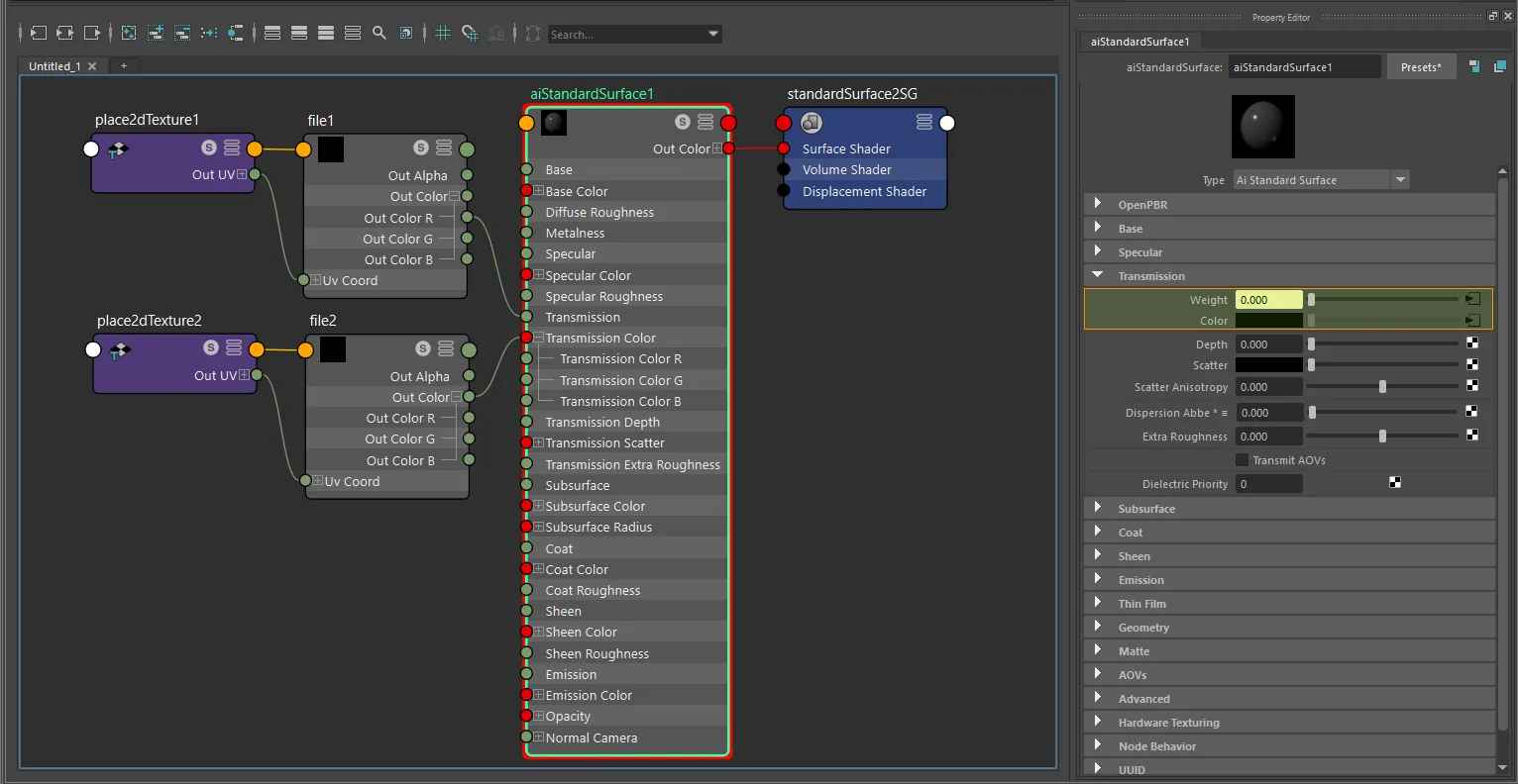 Texture-only diffuse transmission connection for aiStandardSurface using file and place2dTexture