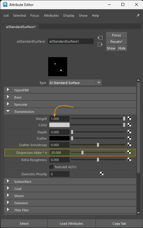 Dispersion scalar connection for aiStandardSurface