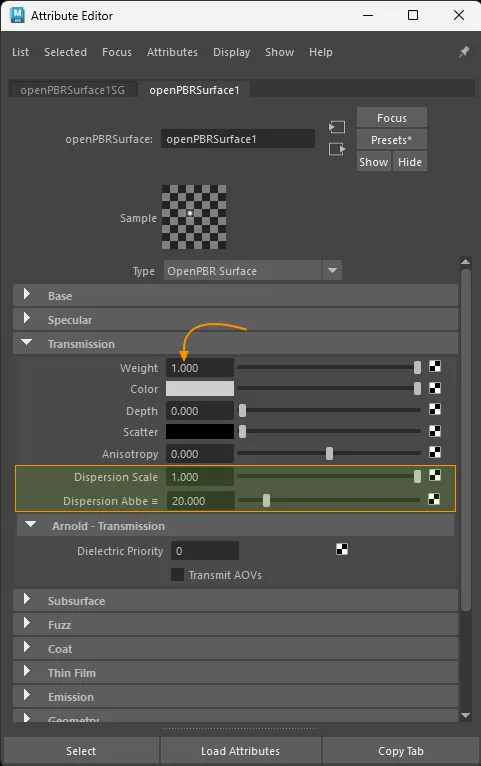 Dispersion scalar connection for openPBRSurface