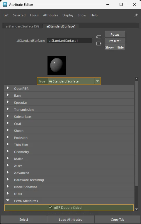 Double-sided extra attribute enabled for aiStandardSurface