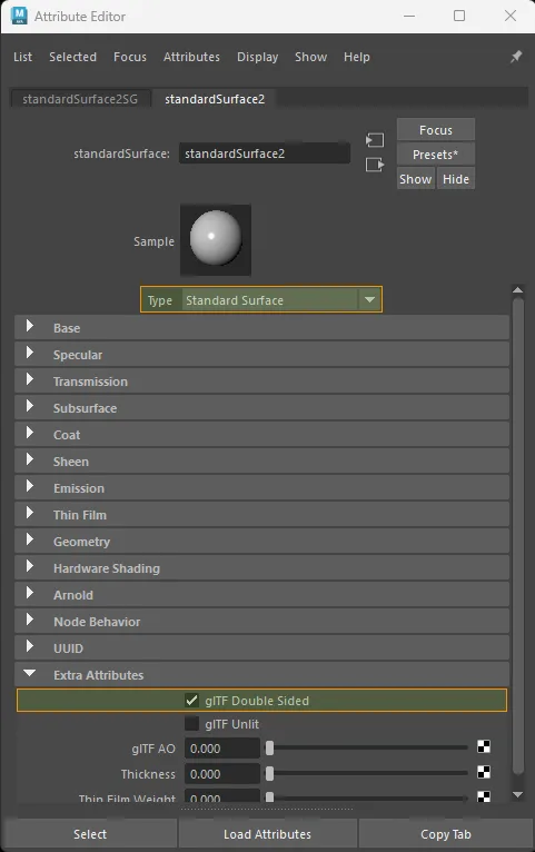 Double-sided extra attribute enabled for standardSurface