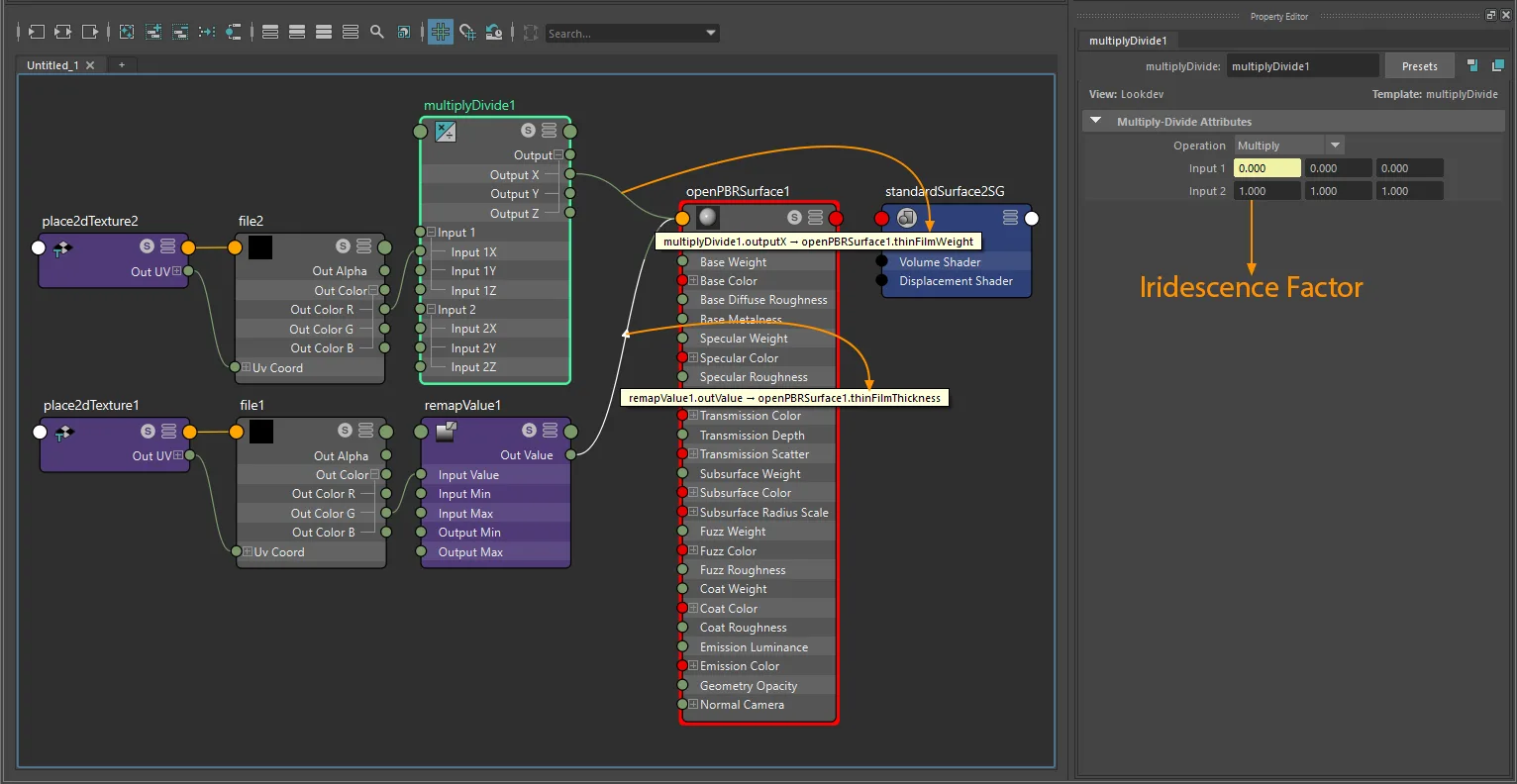 Iridescence factor plus texture connection for openPBRSurface using file and place2dTexture