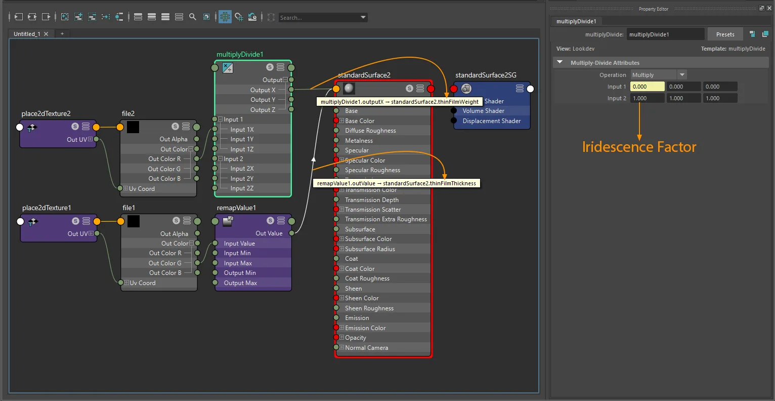 Iridescence factor plus texture connection for standardSurface using file and place2dTexture
