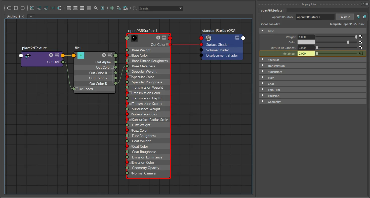 Texture-only metallic connection for openPBRSurface using file and place2dTexture