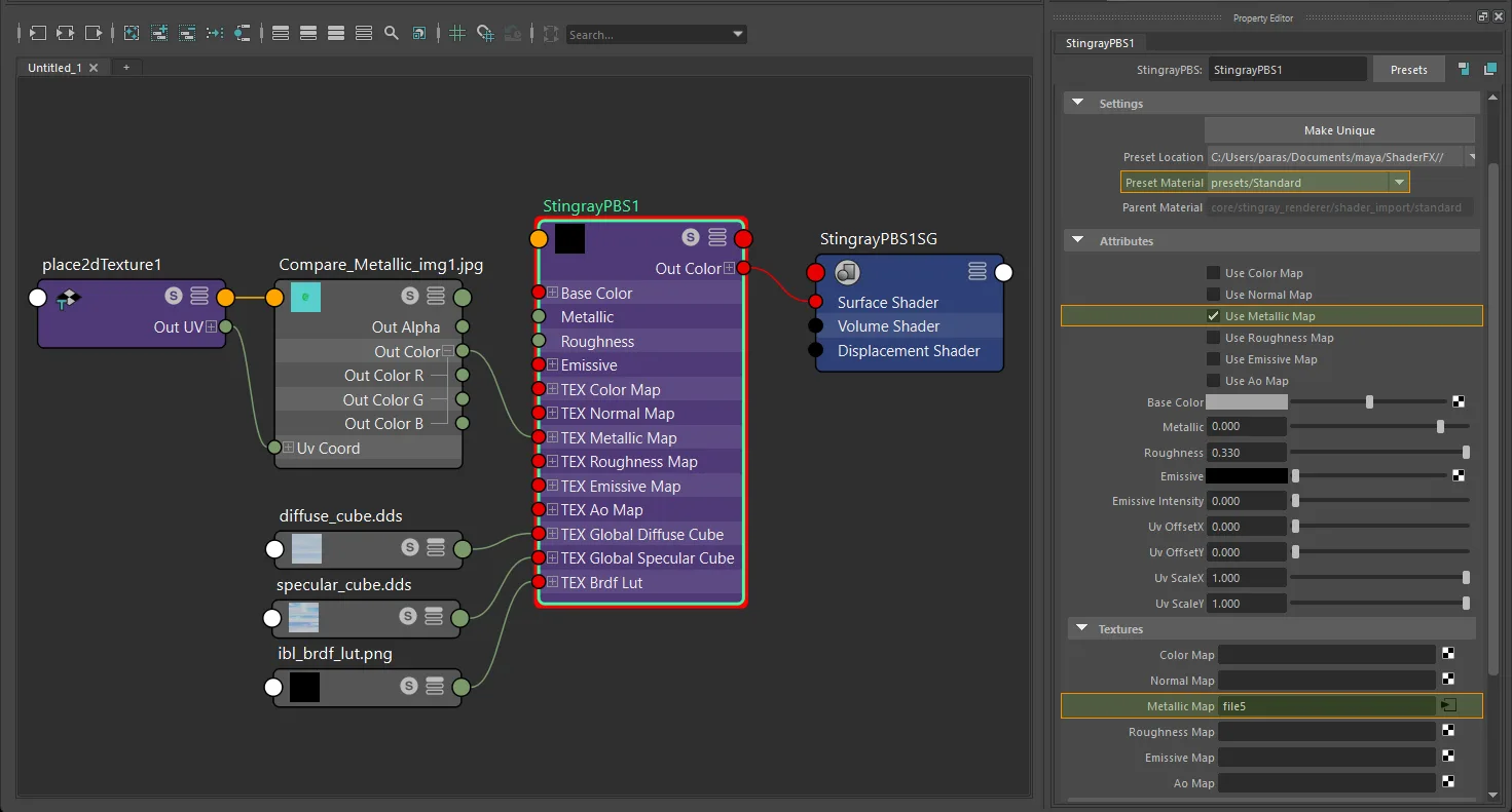 Texture-only metallic connection for StingrayPBS using file and place2dTexture