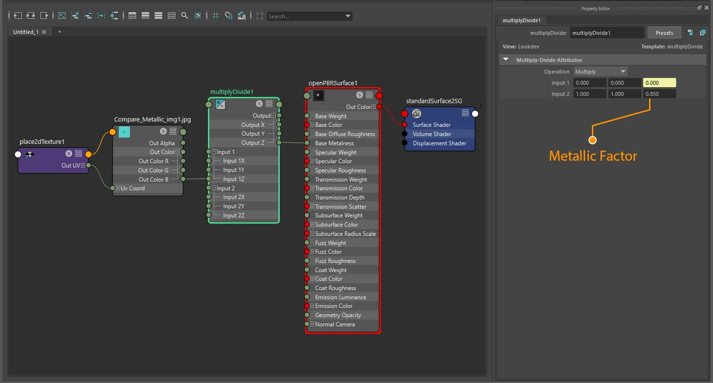 Metallic factor plus texture connection for openPBRSurface using file and place2dTexture