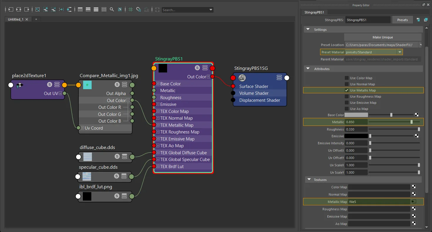 Metallic factor plus texture connection for StingrayPBS using file and place2dTexture