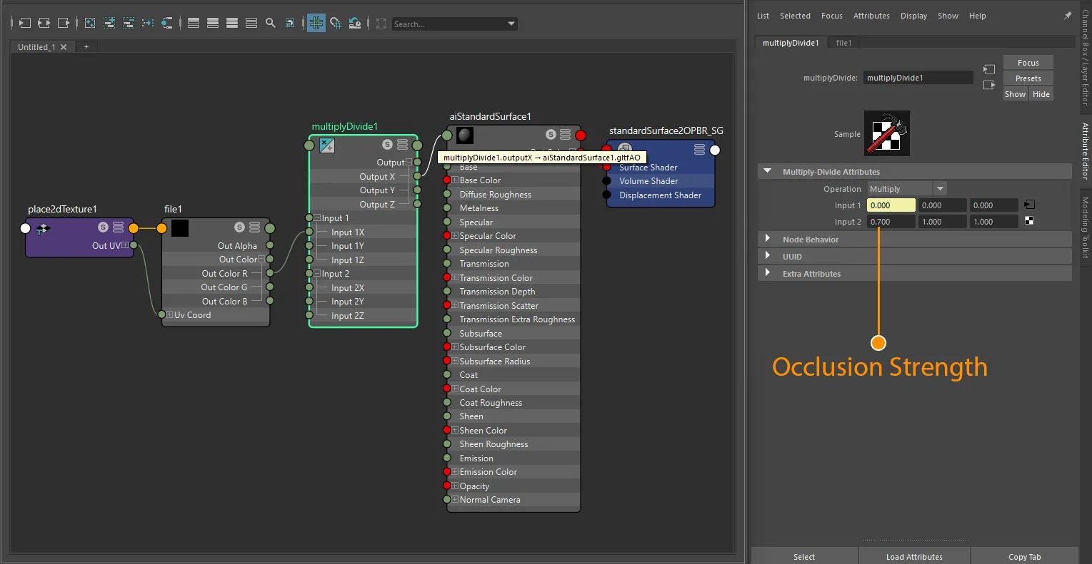 Occlusion texture plus strength connection for aiStandardSurface
