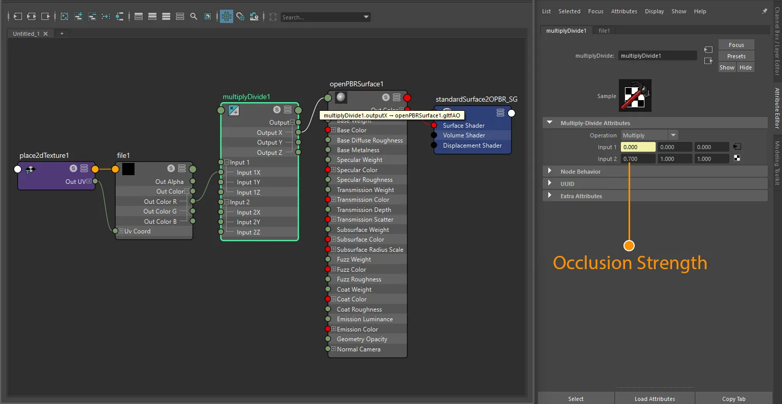 Occlusion texture plus strength connection for openPBRSurface