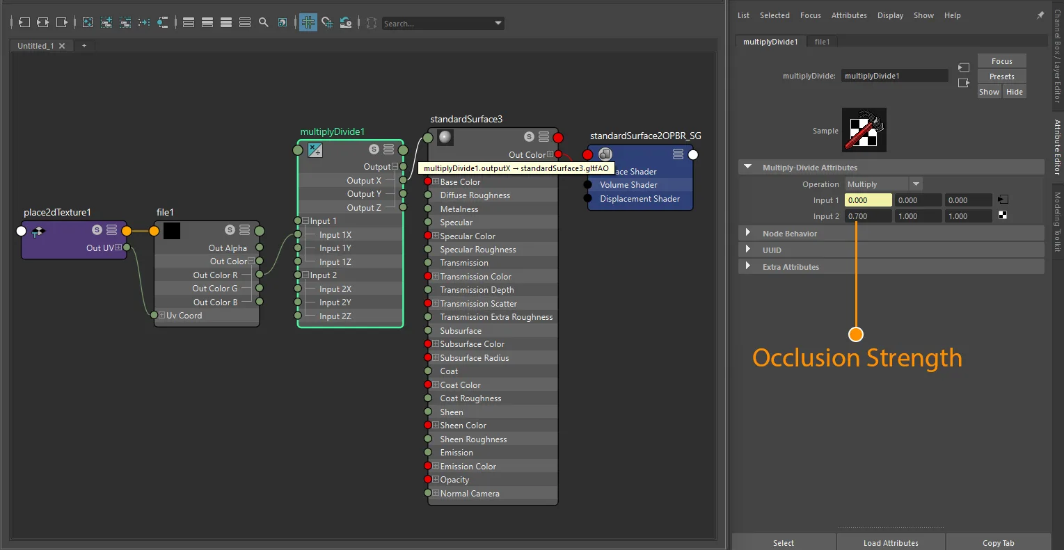 Occlusion texture plus strength connection for standardSurface