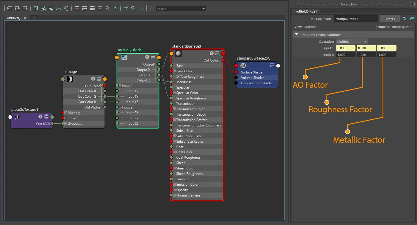 Packed ORM roughness texture-plus-factor connection for aiStandardSurface