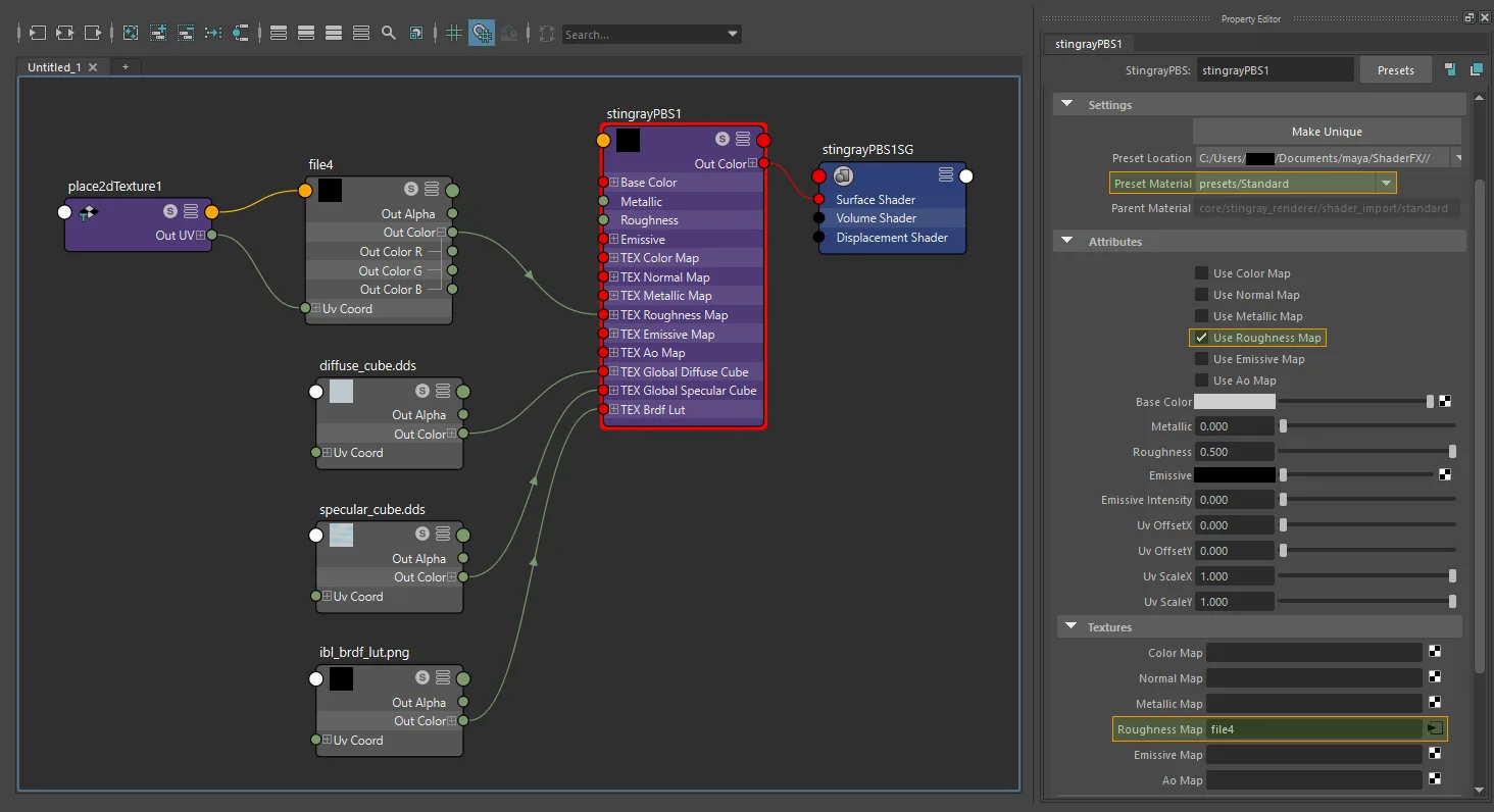 Texture-only roughness connection for StingrayPBS using file and place2dTexture