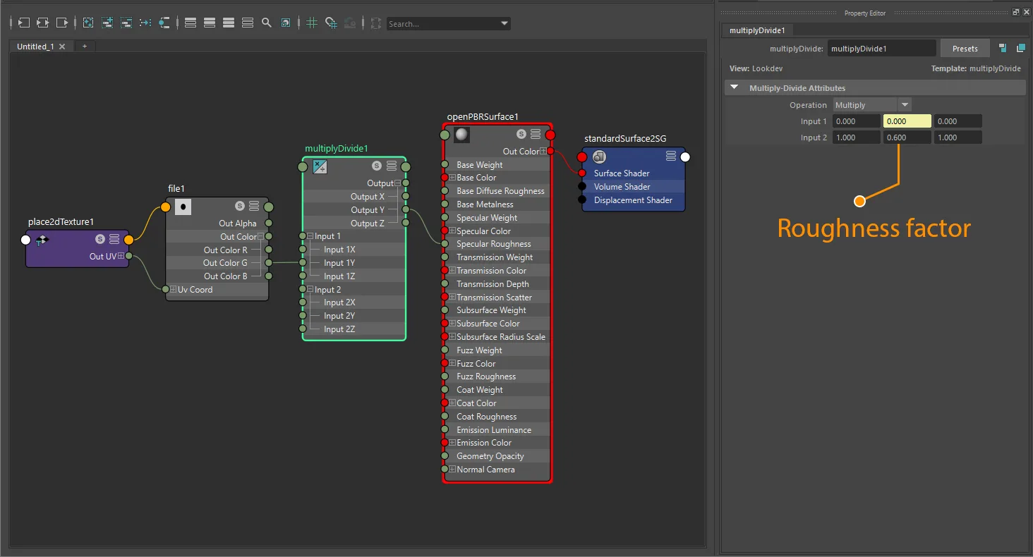 Roughness factor plus texture connection for openPBRSurface using file and place2dTexture