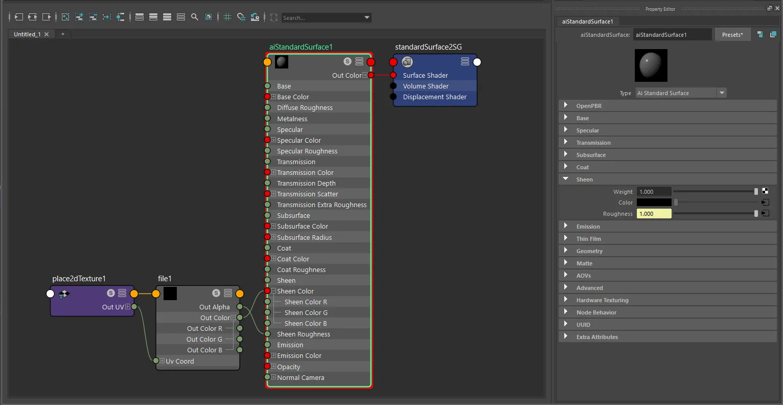Texture-only sheen connection for aiStandardSurface using file and place2dTexture