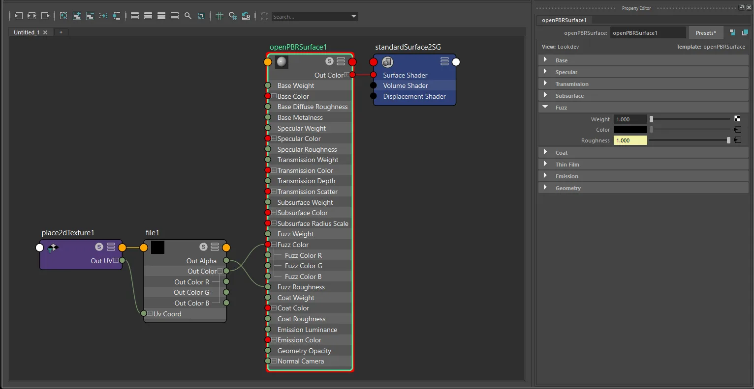 Texture-only sheen connection for openPBRSurface using file and place2dTexture
