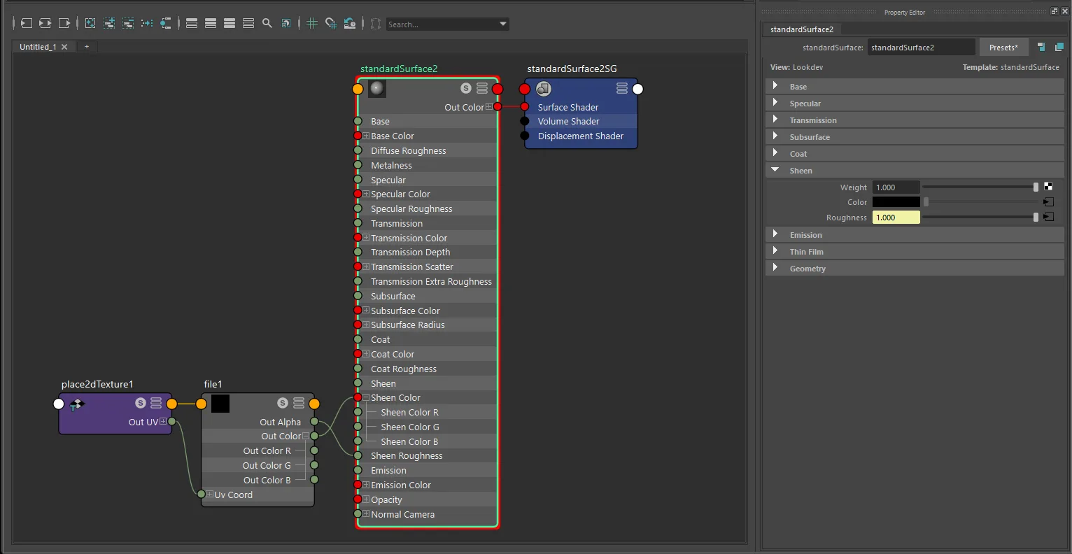 Texture-only sheen connection for standardSurface using file and place2dTexture