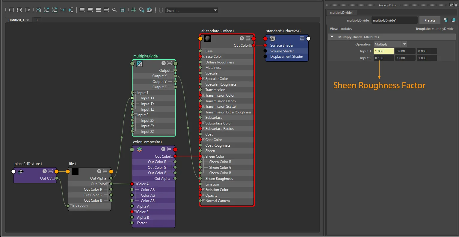 Sheen factor plus texture connection for aiStandardSurface using file and place2dTexture