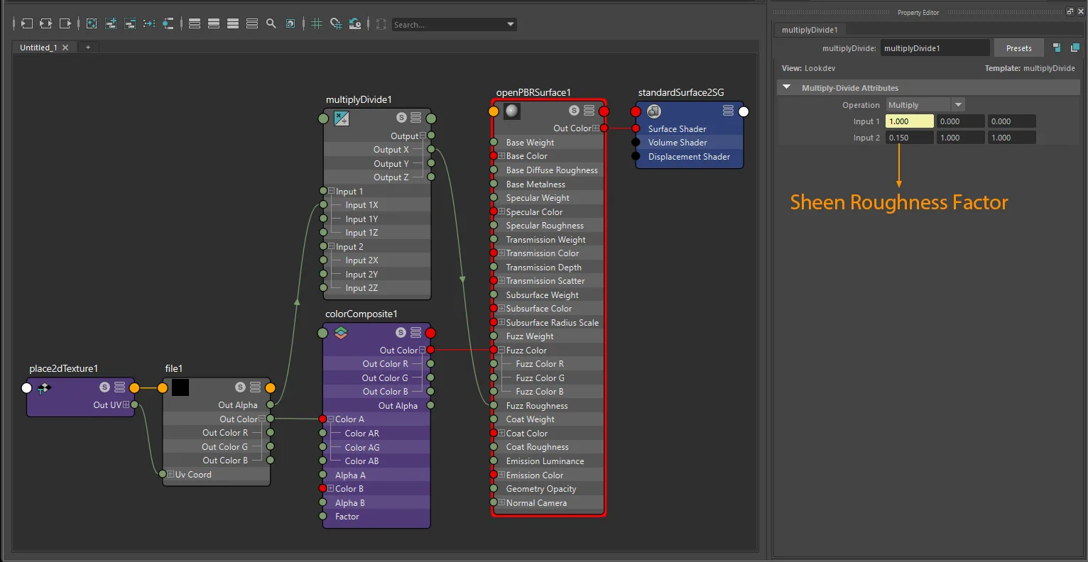 Sheen factor plus texture connection for openPBRSurface using file and place2dTexture