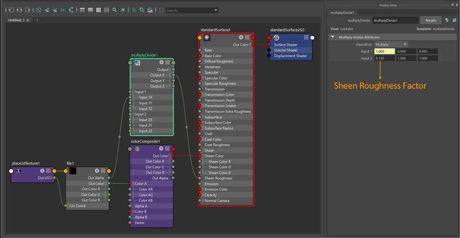 Sheen factor plus texture connection for standardSurface using file and place2dTexture