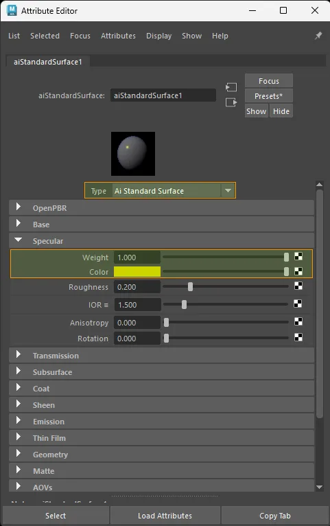 Factor-only specular connection for aiStandardSurface