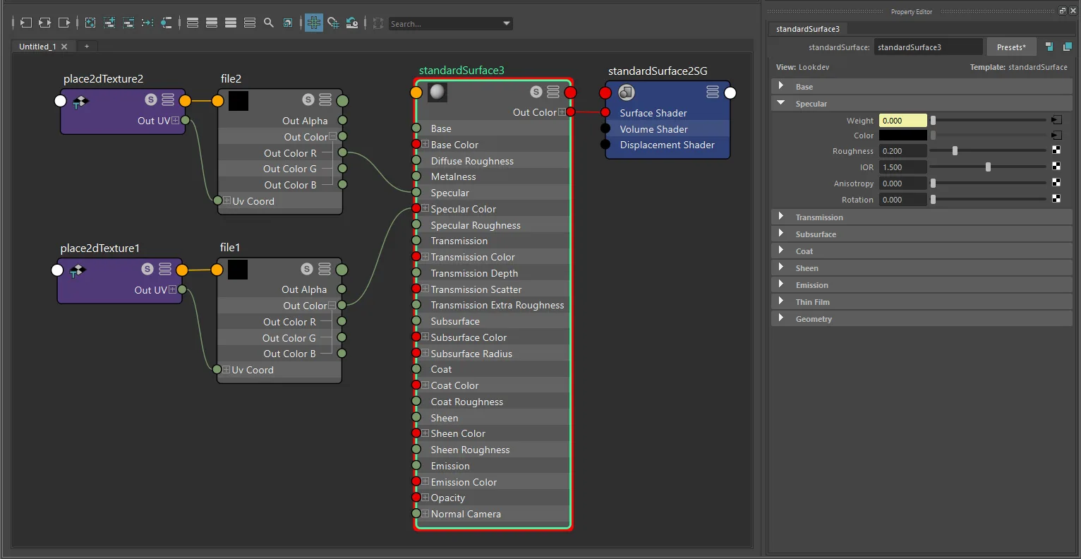 Texture-only specular connection for standardSurface using file and place2dTexture