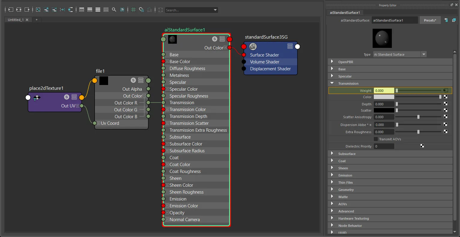 Texture-only transmission connection for aiStandardSurface using file and place2dTexture