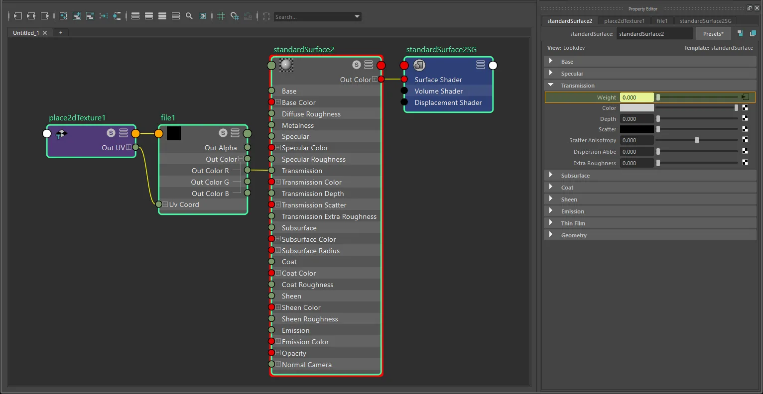 Texture-only transmission connection for standardSurface using file and place2dTexture