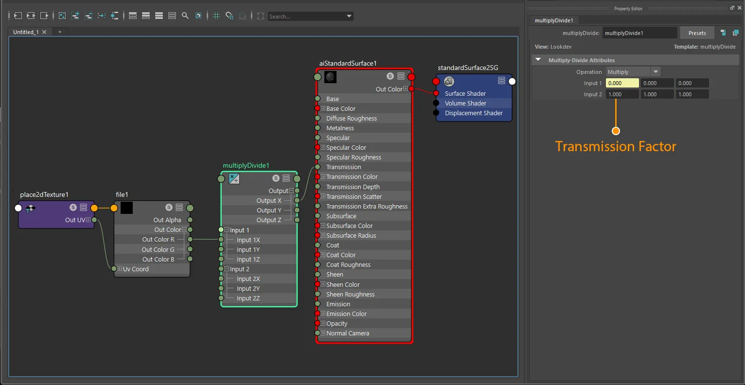 Transmission factor plus texture connection for aiStandardSurface using file and place2dTexture