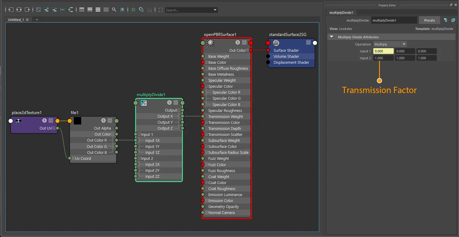 Transmission factor plus texture connection for openPBRSurface using file and place2dTexture