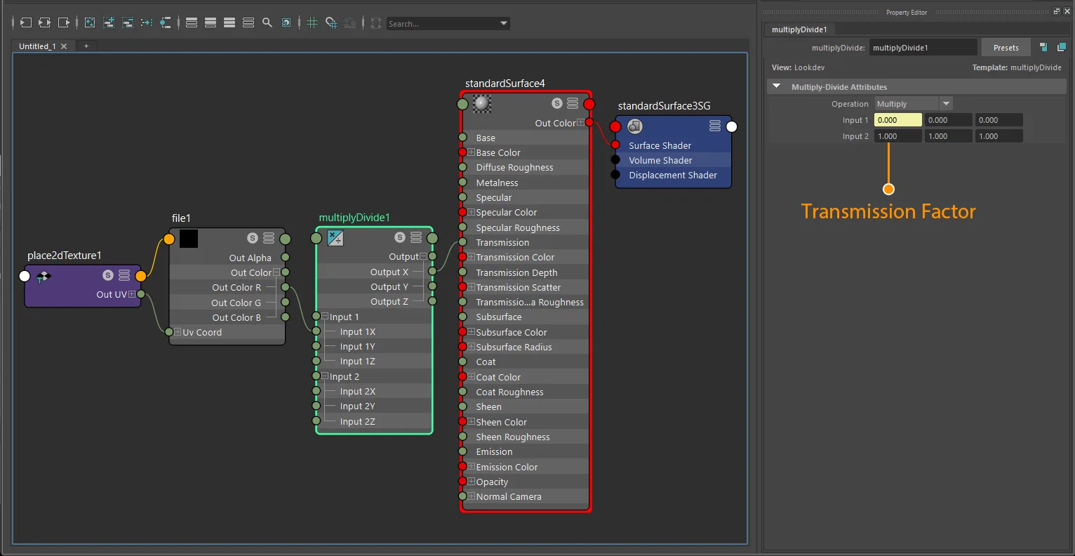 Transmission factor plus texture connection for standardSurface using file and place2dTexture