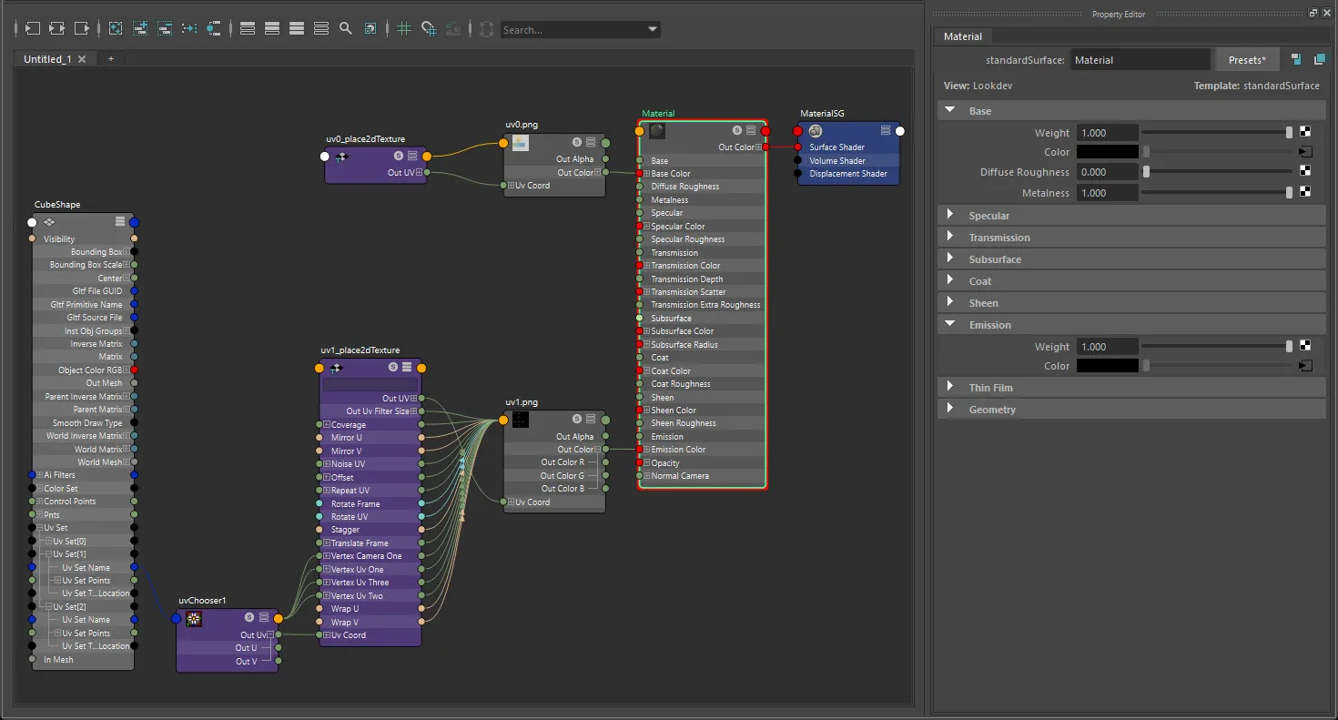 Example uvChooser setup in Maya Node Editor for selecting a UV set