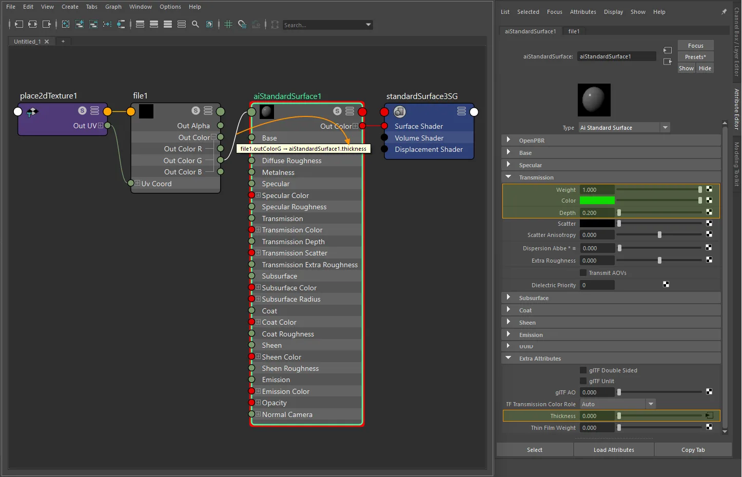 Texture-only volume connection for aiStandardSurface using file and place2dTexture
