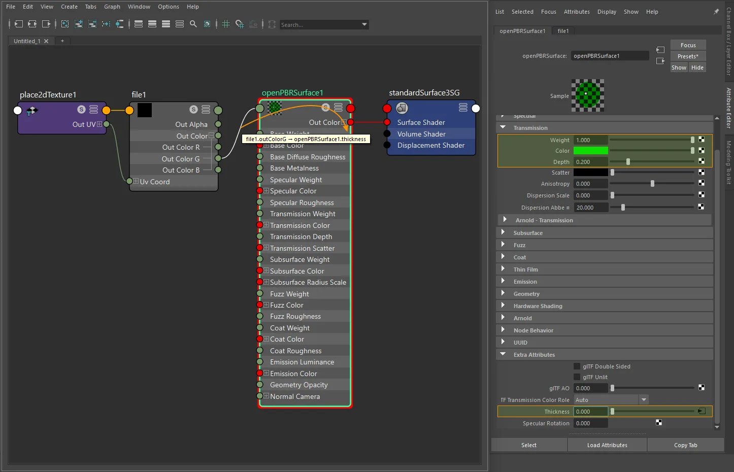 Texture-only volume connection for openPBRSurface using file and place2dTexture