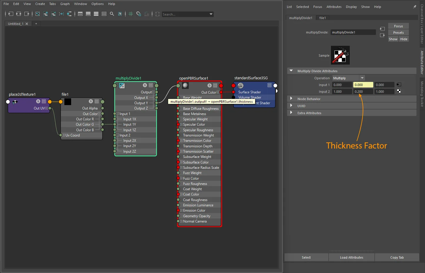 Volume factor plus texture connection for openPBRSurface using file and place2dTexture